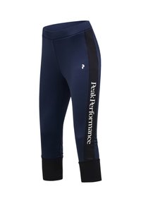 Leggings atletici a vita alta di colore blu navy e nero, con il testo "Peak Performance" lungo il lato e un piccolo logo vicino all'anca.