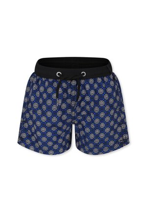 Niebieskie spodenki kąpielowe z czarnym pasem, z powtarzającym się wzorem kółek w odcieniach niebieskiego i białego. Zawierają sznurki do regulacji i metalowe oczka.