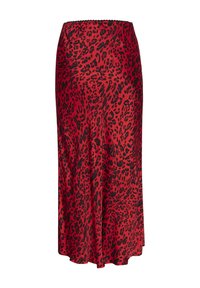 Red leopard print midi skirt with an elastic waistband. Smooth satin-like material and a flared hem that provides a flowing silhouette.
