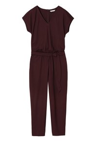Bordeaux jumpsuit met korte mouwen, V-halsontwerp, verstelbare tailleband en taps toelopende benen, vervaardigd uit een zachte, rekbare stof.