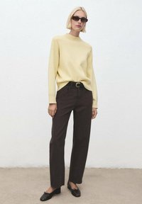 Suéter de punto amarillo claro, de cuello alto, combinado con pantalones rectos marrón oscuro y bailarinas negras. Los accesorios incluyen gafas de sol oscuras.