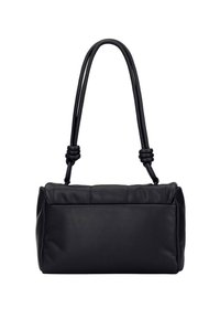 Sac à main en cuir noir avec un corps structuré, deux longues poignées avec des accents noués et un dessus légèrement rembourré. Texture lisse, design minimaliste.
