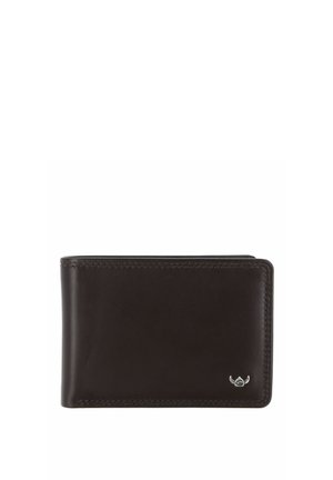 Dark brown leather bi-fold wallet with visible stitching and a small silver logo at the bottom right corner.