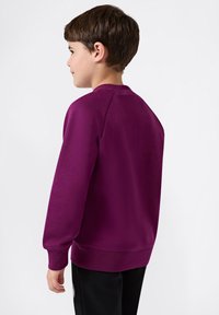 Felpa viola a maniche lunghe, con colletto e polsini a coste. Texture liscia. Indossata con pantaloni neri. Vista posteriore di un bambino.