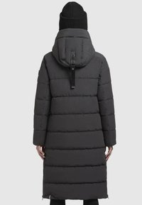 Gray padded winter coat with a hood and contrasting straps. Features horizontal quilted lines and long sleeves, reaching below the knees.