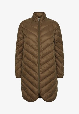 Cappotto imbottito marrone con colletto alto, dotato di chiusura a zip e motivo a rombi per l'isolamento. Design di lunghezza media con una texture liscia.