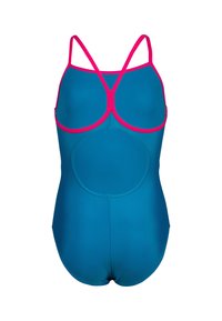 Costume intero teal con dettagli rosa, dotato di scollatura a cuore e spalline incrociate. Realizzato in tessuto liscio ed elastico.