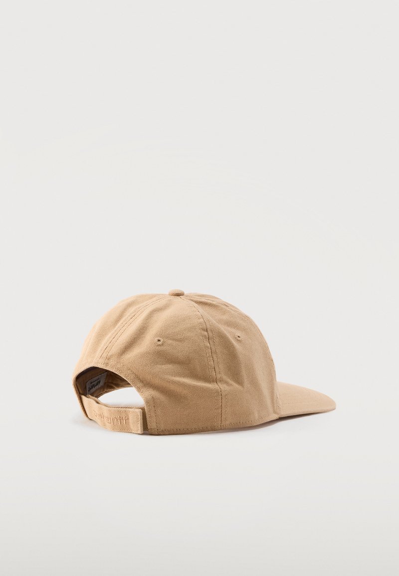 Beige Stoff-Baseballkappe, Rückansicht, mit verstellbarem Verschluss und Belüftungsösen auf hellem Hintergrund.