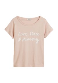 Roze katoen T-shirt met een losse pasvorm, ronde halslijn, korte mouwen en witte tekst "Love, Peace & Harmony" op de voorkant.