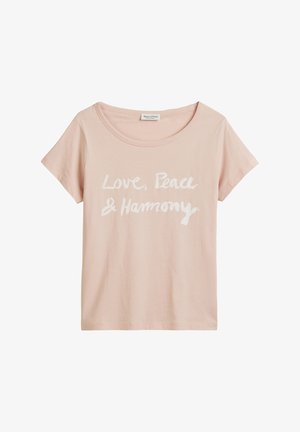 Rosa Baumwoll-T-Shirt mit lockerer Passform, rundem Ausschnitt, kurzen Ärmeln und weißem Text "Liebe, Frieden & Harmonie" auf der Vorderseite.