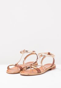 Sandali in pelle marrone e oro con fasce sottili, design a T e suola piatta. Dettagli notevoli includono un nodo sul davanti.