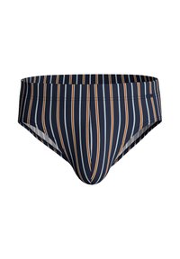 Marineblaue Schwimmslips mit vertikalen Streifen in Orange und Weiß. Hergestellt aus glattem Stoff, mit einem mittelhohen Bund und nahtlosen Kanten.