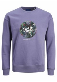Sudadera morada hecha de una tela suave, con un gráfico redondo que presenta un diseño abstracto en verde y multicolor, y el texto "ORGNL$" en el frente.