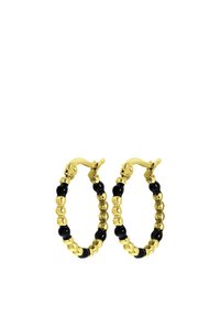 Boucles d'oreilles en or en forme de cerceau avec des perles noires alternées et des accents ronds en or, mettant en valeur une finition texturée avec une fermeture à clip sécurisée.