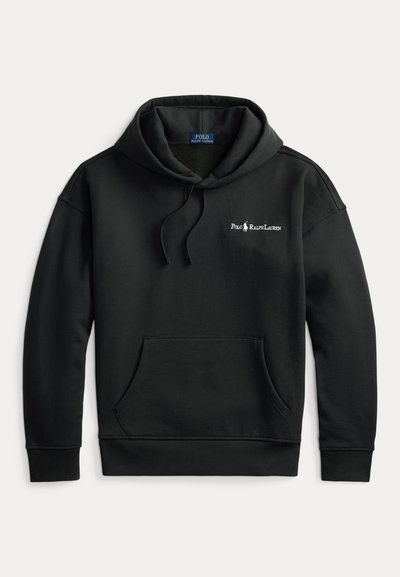Felpa con cappuccio Polo Ralph Lauren nera con tasca frontale, cappuccio con coulisse e piccolo logo bianco sul petto sinistro.