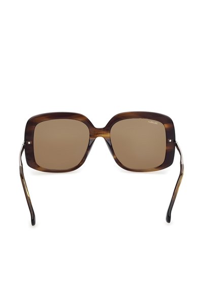 Brown oversized square sunglasses with tortoiseshell frame and dark brown lenses, front view on white background.