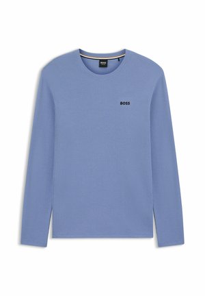 Langärmliges blaues Rundhals-Shirt aus strukturiertem Stoff, mit einem dezenten gestickten "BOSS"-Logo auf der Brust.