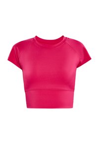 Top corto aderente a maniche corte realizzato in tessuto liscio ed elastico di un vivace colore rosa. Presenta un colletto rotondo e maniche raglan.