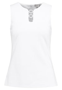 Top bianco senza maniche con scollatura rotonda e una piccola cerniera sul retro. Presenta un accento decorativo a forma di asola sul collo. Tessuto di consistenza liscia.