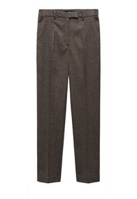 Brown textured trousers with a straight-leg cut, featuring front pleats, belt loops, and a button closure.