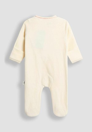 Body de bebe de culoare crem, cu mâneci lungi, decolteu rotund cu cusături roșii, design cu picioare, având un sistem de închidere tip snap la baza.
