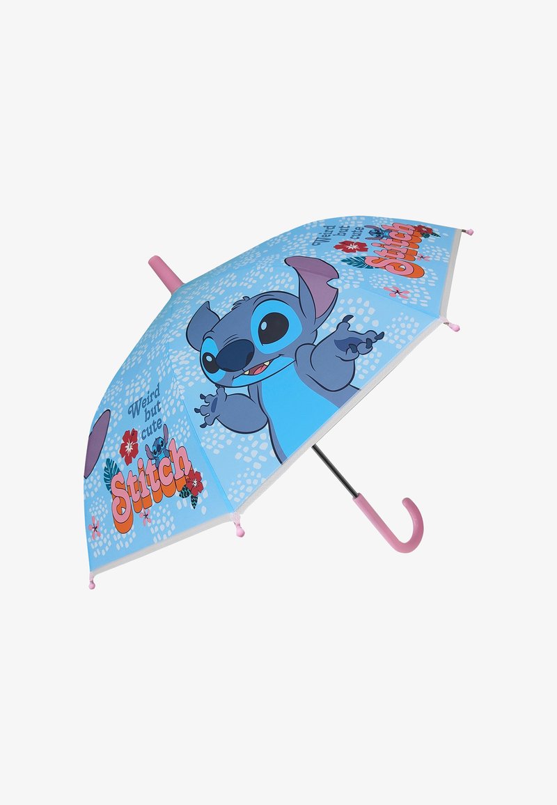 Blue umbrella featuring a cartoon character with large ears and expressive eyes, pink handle, and floral designs with playful text.