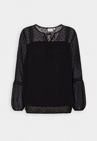 Blouse noire transparente avec manches longues bouffantes, motif à pois, bordure en dentelle et fermeture à nouer au col rond.