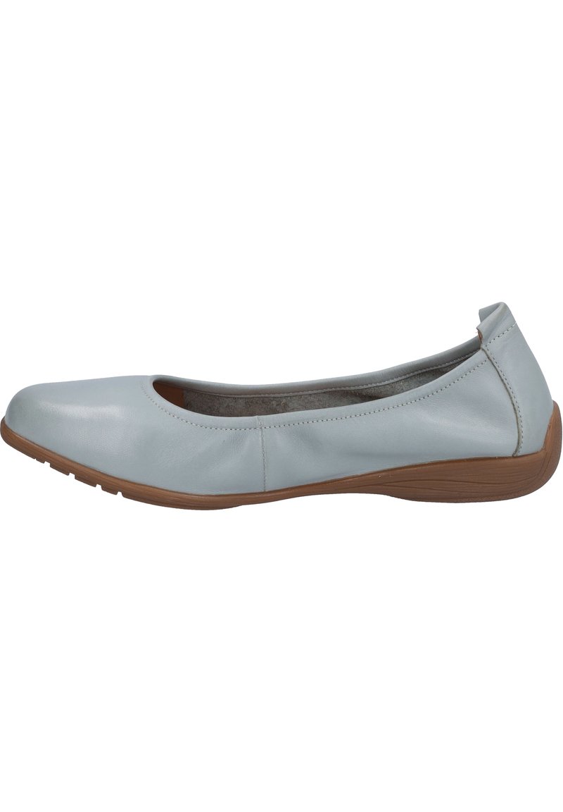Flat shoe in light blue leather with a rounded toe, subtle seams, and a brown rubber sole. Smooth texture with a minimalist design.