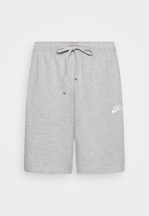 Pantalones cortos de algodón grises con una banda elástica en la cintura y cordón, que presentan un logo de Nike blanco en la pierna izquierda. Textura suave, diseño a la altura de la rodilla.