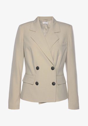 Beige dubbele-breasted blazer van soepel materiaal, met een gekarteld kraag, twee voorzakken en zwarte knopen voor sluiting.
