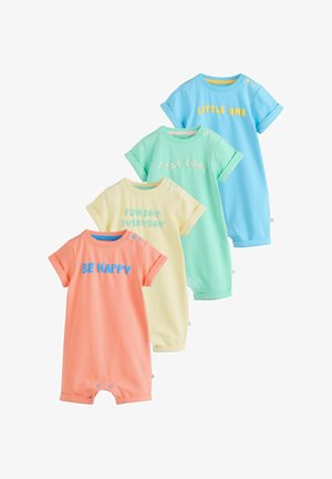 Keturi trumpomis rankovėmis kūdikių kombinezonai pastelinės mėlynos, žalios, geltonos ir persikinės spalvų su teigiamomis žinutėmis: „Mažylis“, „Lik šaunus“, „Linksma kiekvieną dieną“ ir „Būk laimingas".