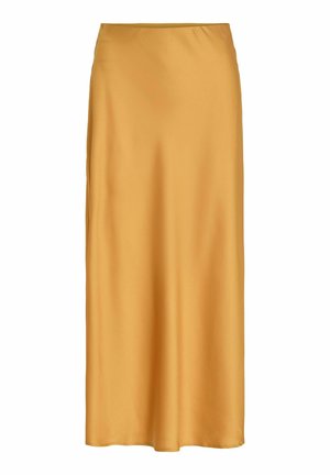 Jupe longue en satin jaune moutarde avec une silhouette droite et une texture lisse et brillante.