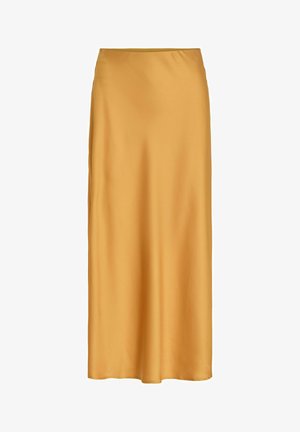 Lang lakkgul skirts i sateng med en rett silhuett og en glatt, skinnende tekstur.