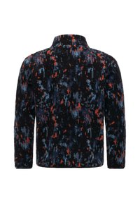 Pullover in pile nero, blu e arancione con un motivo pixelato. Caratterizzato da un alto collo e maniche lunghe, con una finitura morbida e testurizzata.
