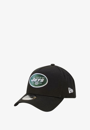 Black cap featuring an embroidered green and white "Jets" logo on the front, curved visor, and adjustable strap at the back.