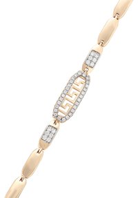 Brățară din aur cu verigi rectangulare, două dintre ele decorate cu grupuri de diamante mici, și o verigă mai mare ce prezintă un model de cheie grecească încrustat cu diamante.