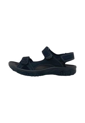 Sandalo outdoor nero con cinturini in velcro regolabili e suola in gomma testurizzata, progettato per comfort e trazione.