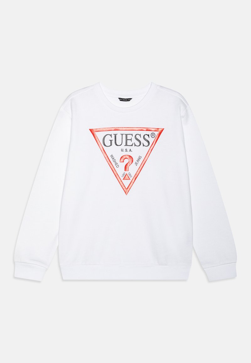 Weißes Sweatshirt mit einem roten dreieckigen Logo und "GUESS U.S.A." sowie grafischen Details. Standard Rundhalsausschnitt und lange Ärmel.