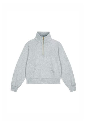 Sudadera gris con cuello alto, media cremallera, mangas raglán y bolsillos frontales. Textura suave, diseño recortado y puños acanalados.