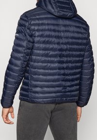 Man wearing a dark blue padded jacket with hood, viewed from the back, paired with dark gray pants.