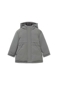 Gray padded jacket featuring a hood, front closure, and two side pockets. Smooth material with a soft texture and practical design.
