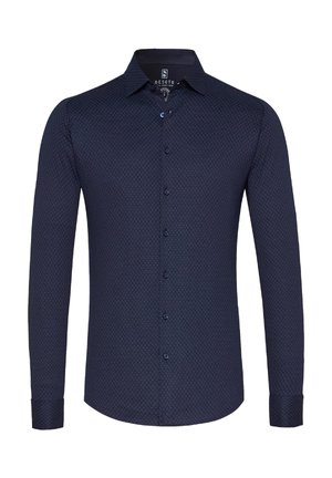 Marineblaues Langarmhemd mit geometrischem Muster, Button-Down-Kragen und Frontknöpfen, mit glatter Textur und tailliertem Design.
