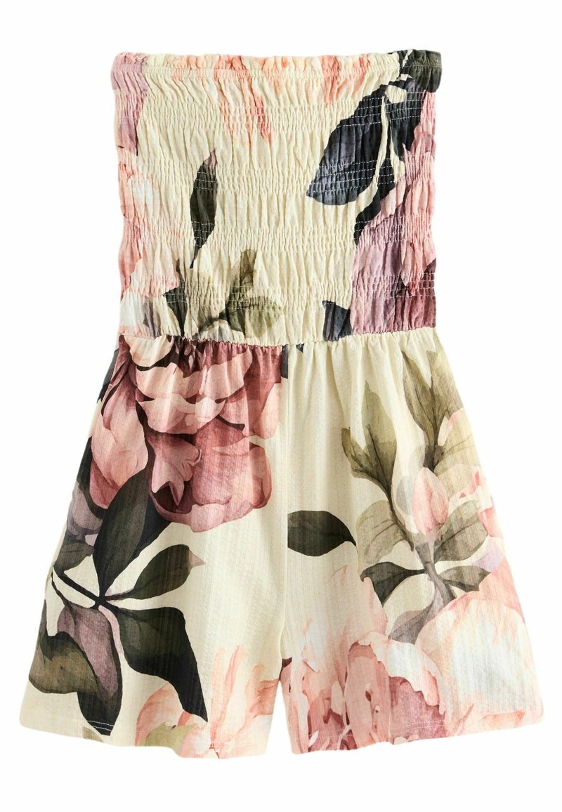 Lillelilleline jumpsuit, millel on smockitud bodice kreemikollases värvitoonis roosa, burgundi ja rohelise lillemustriga; laiad lühikesed püksid, mis on valmistatud tekstuurilisest kangast.
