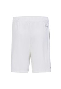 Weißer sportlicher Shorts mit einem elastischen Bund, ausgestattet mit schwarzen seitlichen Akzenten und einem kleinen Logo am unteren rechten Rand. Glatte Textur.