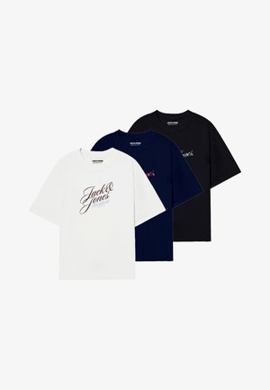 Three short-sleeve t-shirts: white with dark logo, navy, and black. Soft cotton material, relaxed fit, simple design, no patterns.