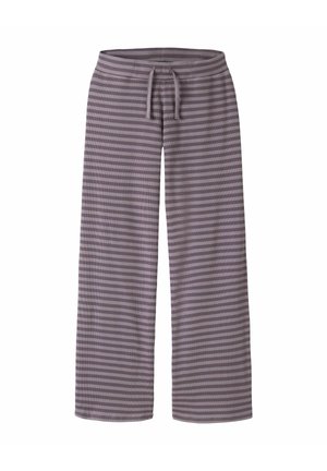 Pantalon à jambes larges avec cordon de serrage, rayures horizontales grises et violettes, en tissu côtelé.