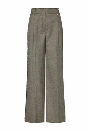 Pantalones de cintura alta y pierna ancha con estampado de cuadros pequeños en blanco y negro, cinturilla elástica y un pequeño botón redondo de metal en el lado derecho.