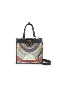 Zwarte leren handtas met een meerkleurig vintage kaartontwerp, gouden logo sluiting, dubbele handvatten aan de bovenkant en een afneembare schouderband.