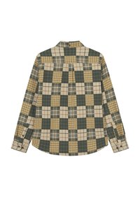 Koszula flanelowa w kratę w kolorze zielonym, beżowym i żółtym. Posiada długie rękawy, kołnierzyk, mankiety zapinane na guziki oraz detal w postaci yoke'u z tyłu.