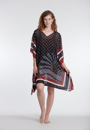 Black sheer kaftan with a geometric pattern and red, white, and gray striped accents. V-neck design, loose fit, and short sleeves.